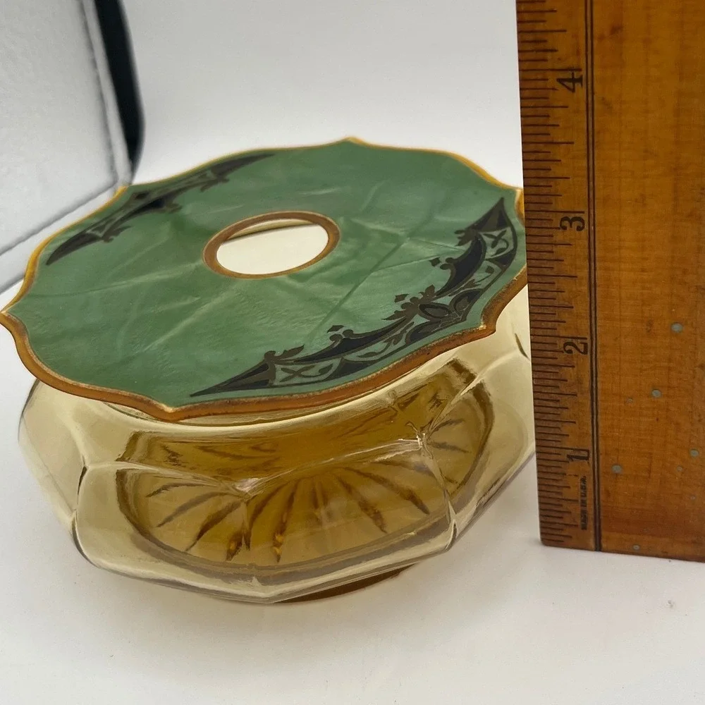 Art Deco Amber Glass Vanity Jar Set with Green Celluloid Lids
